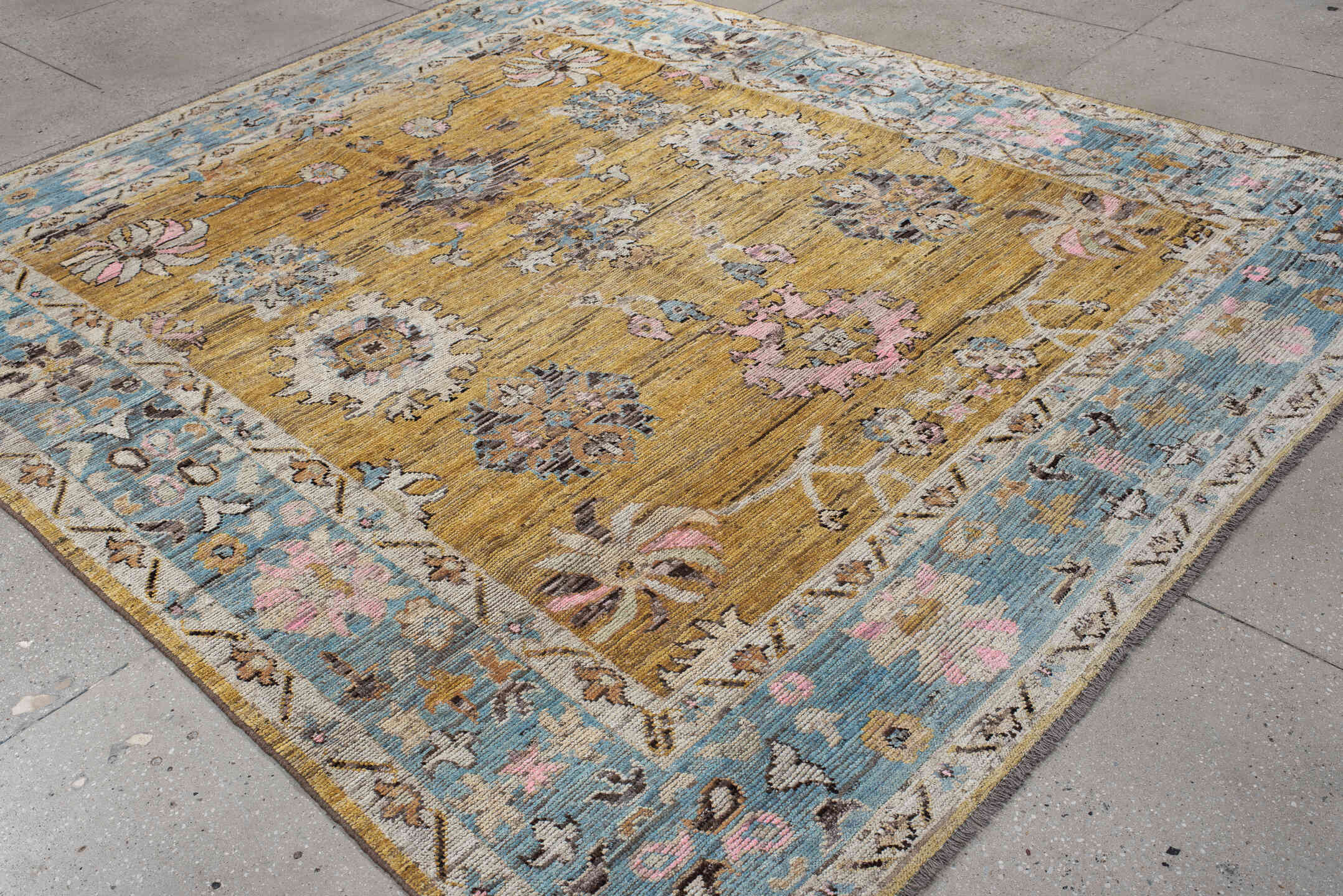 8' x 9' one-of-a-kind handmade vintage Oushak large size rug. Color palette: gold, sky_blue, ivory, pink, taupe, slate