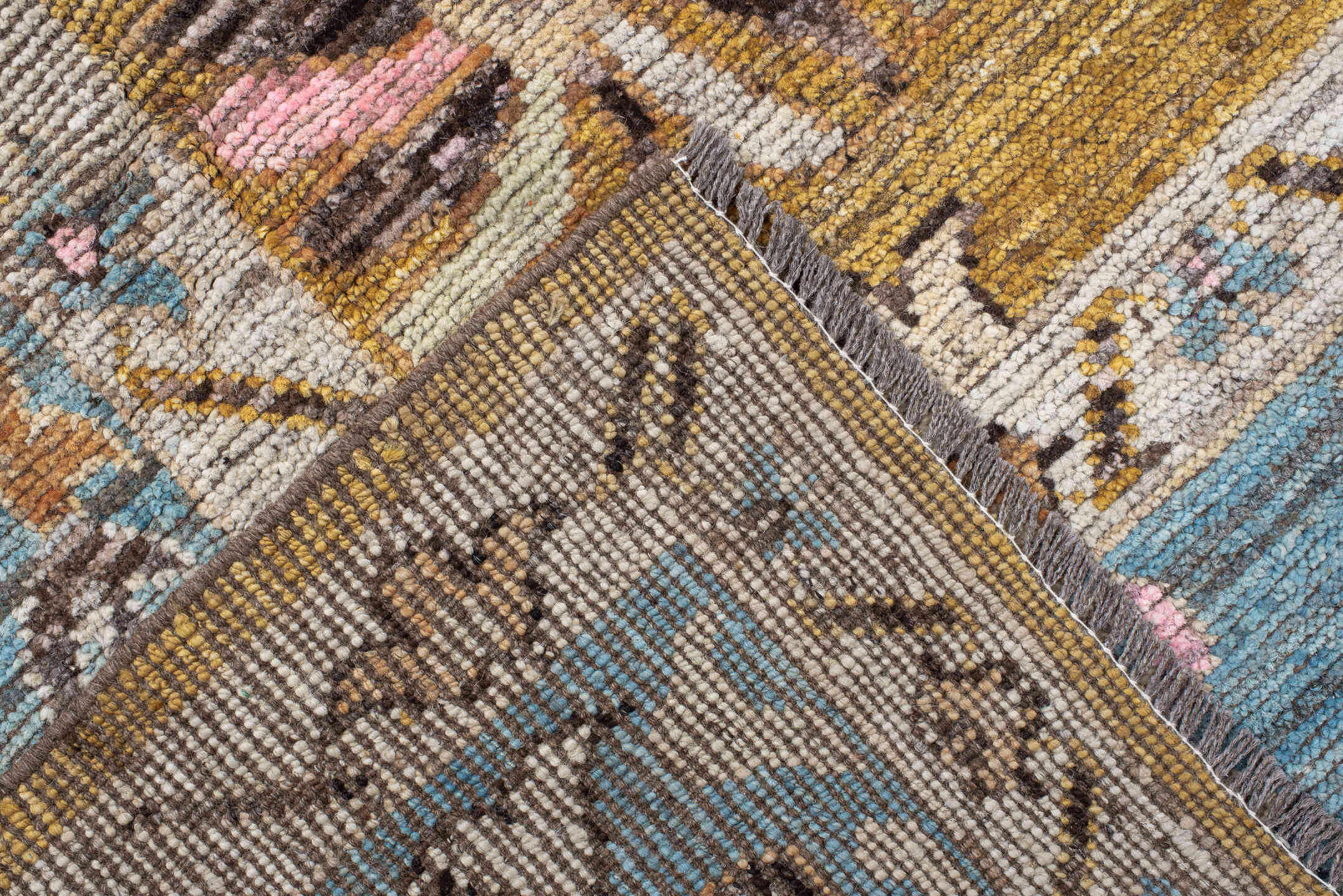 8' x 9' one-of-a-kind handmade vintage Oushak large size rug. Color palette: gold, sky_blue, ivory, pink, taupe, slate