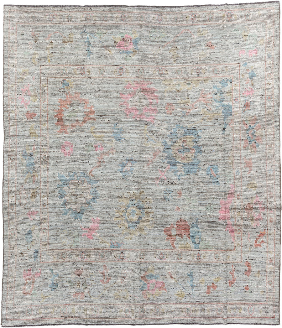 8' x 9' one-of-a-kind handmade vintage Oushak rug. Color palette: ivory, pale blue, blush, taupe, muted gold, terra cotta