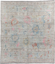 8' x 9' one-of-a-kind handmade vintage Oushak rug. Color palette: ivory, pale blue, blush, taupe, muted gold, terra cotta