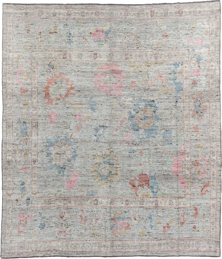 8' x 9' one-of-a-kind handmade vintage Oushak rug. Color palette: ivory, pale blue, blush, taupe, muted gold, terra cotta