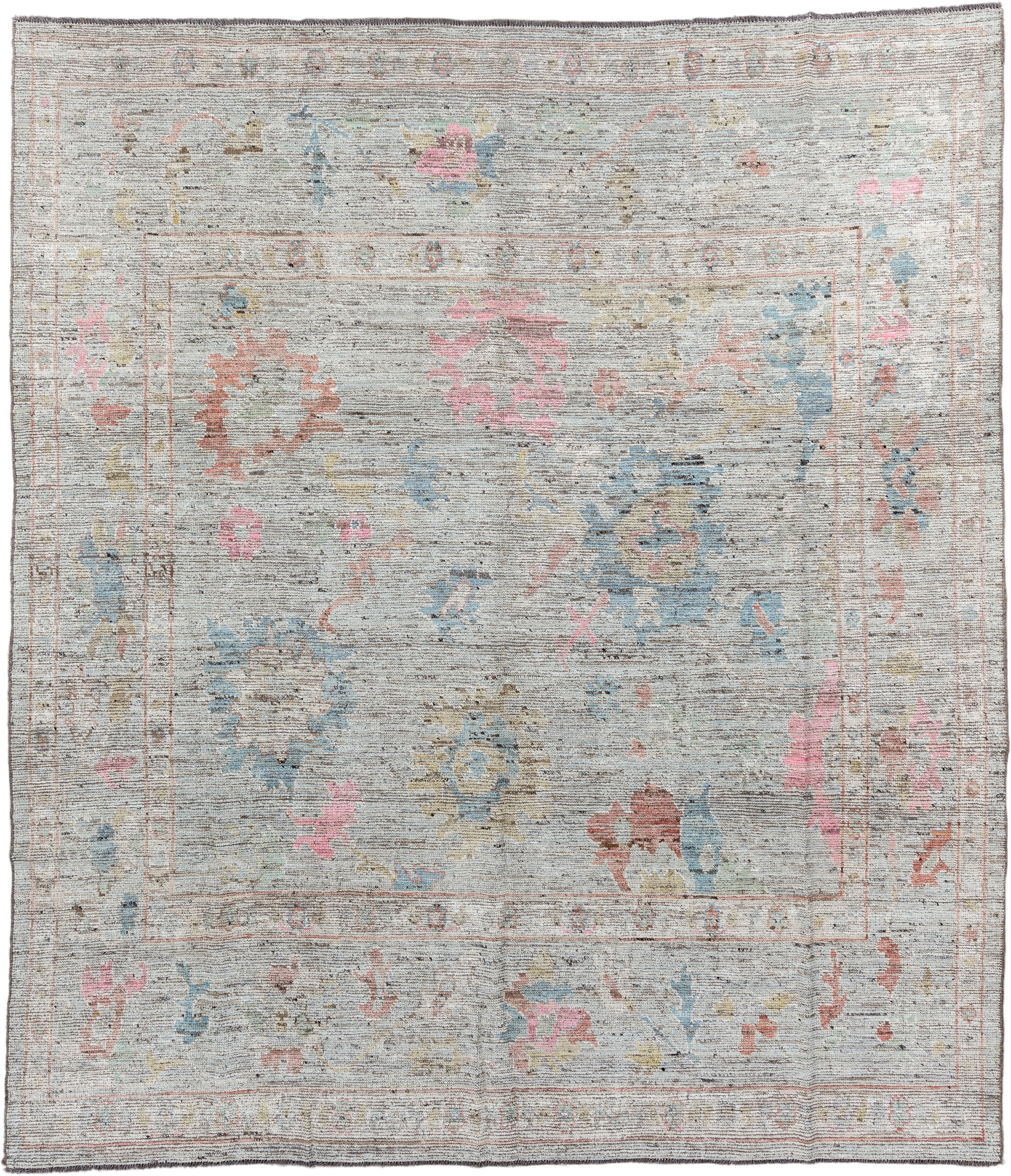 8' x 9' one-of-a-kind handmade vintage Oushak rug. Color palette: ivory, pale blue, blush, taupe, muted gold, terra cotta