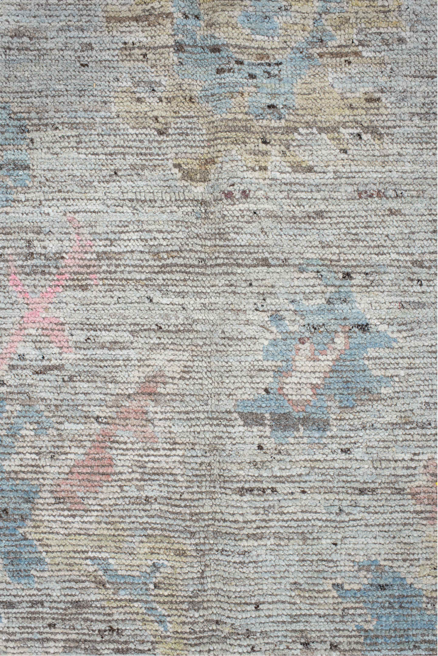 8' x 9' one-of-a-kind handmade vintage Oushak rug. Color palette: ivory, pale blue, blush, taupe, muted gold, terra cotta