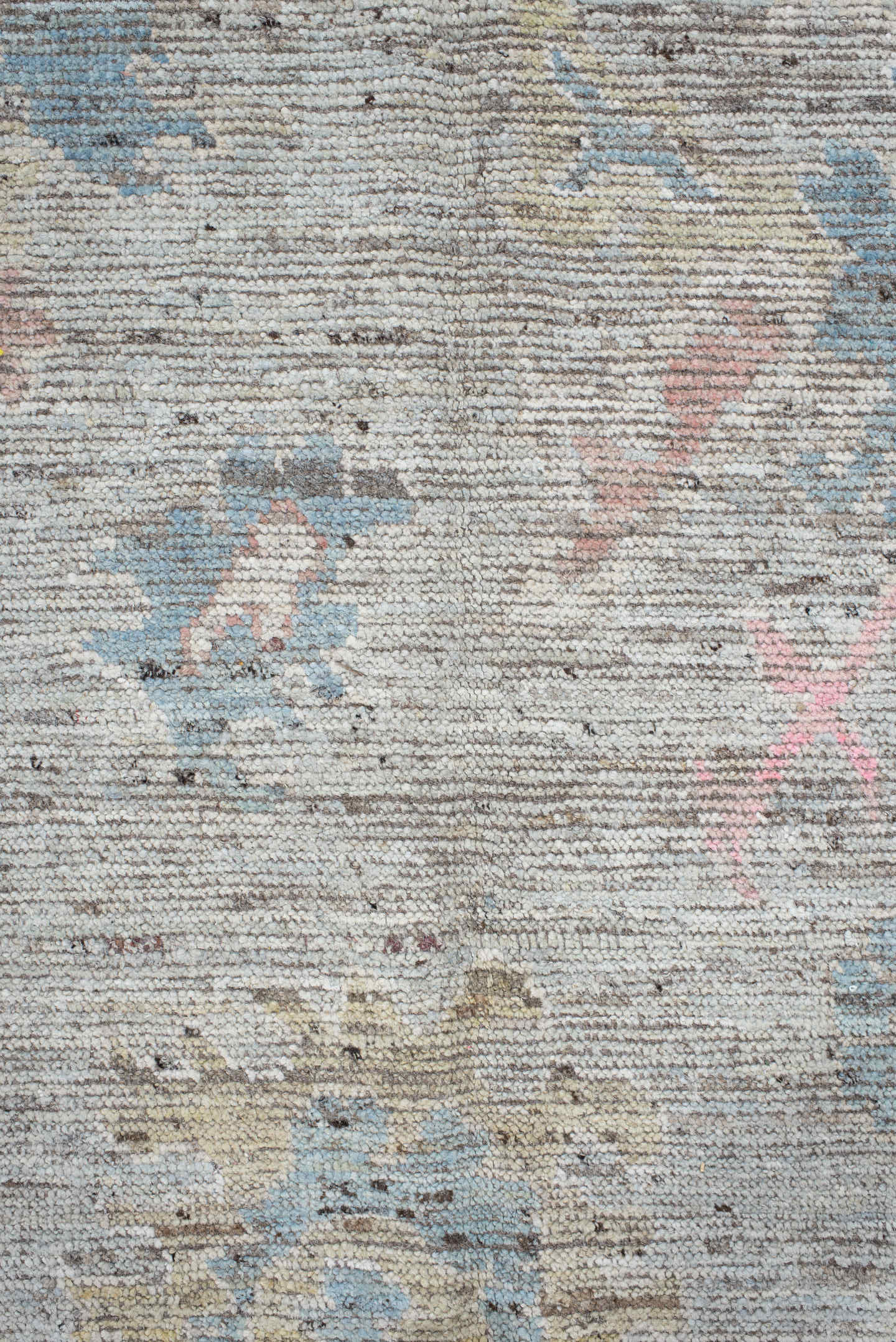 8' x 9' one-of-a-kind handmade vintage Oushak rug. Color palette: ivory, pale blue, blush, taupe, muted gold, terra cotta