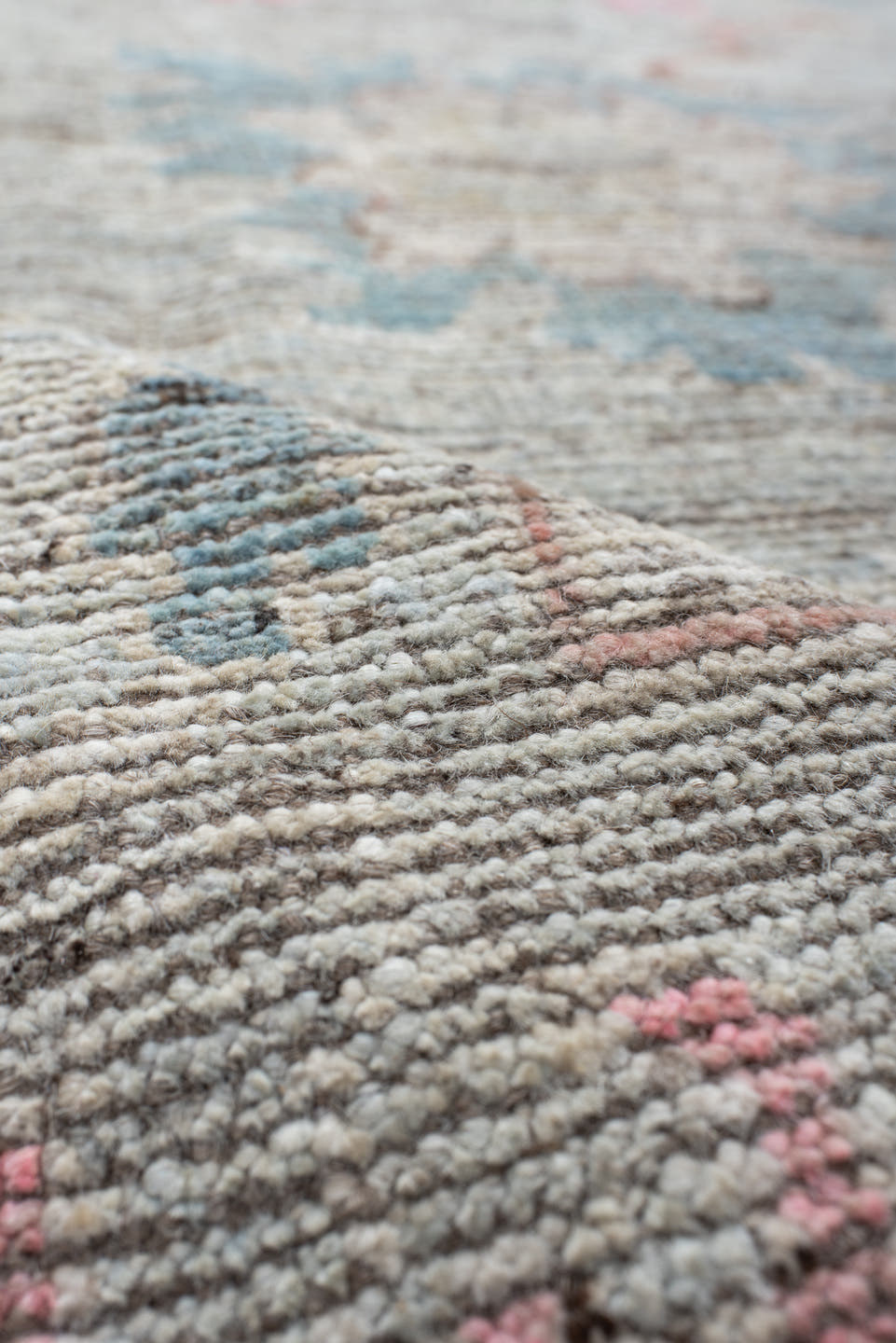 8' x 9' one-of-a-kind handmade vintage Oushak rug. Color palette: ivory, pale blue, blush, taupe, muted gold, terra cotta