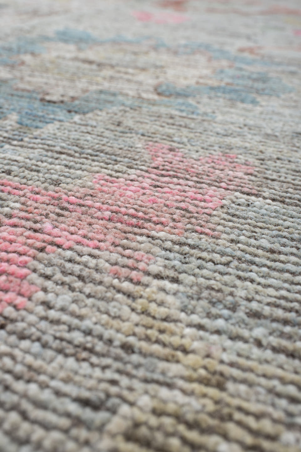 8' x 9' one-of-a-kind handmade vintage Oushak rug. Color palette: ivory, pale blue, blush, taupe, muted gold, terra cotta