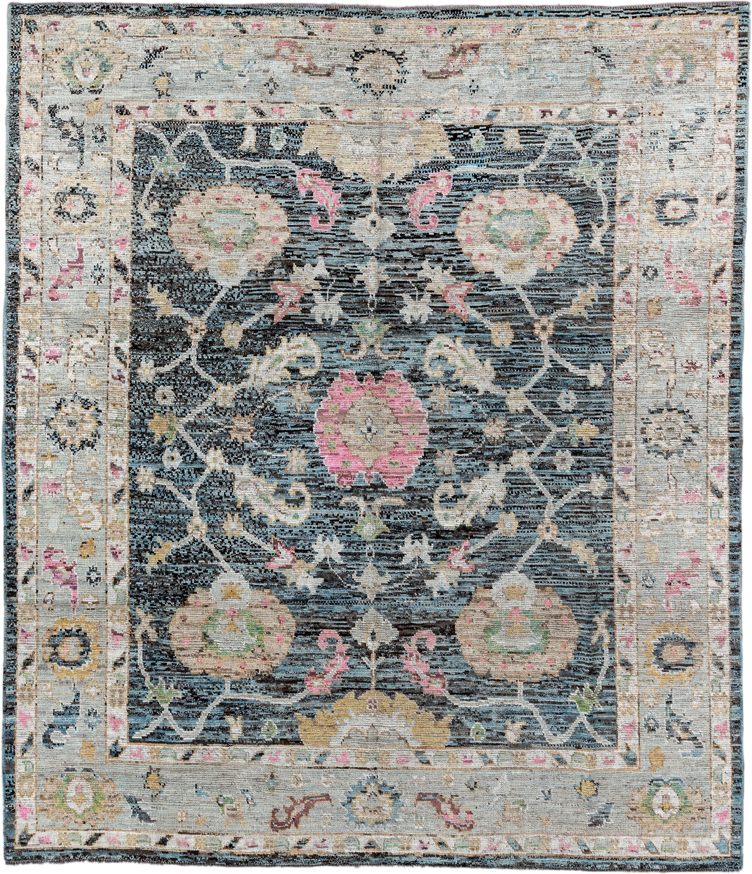 8' x 9' one-of-a-kind handmade vintage Oushak rug. Color palette: charcoal, ivory, beige, pink, aqua, gold, taupe, gray
