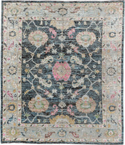 8' x 9' one-of-a-kind handmade vintage Oushak rug. Color palette: charcoal, ivory, beige, pink, aqua, gold, taupe, gray
