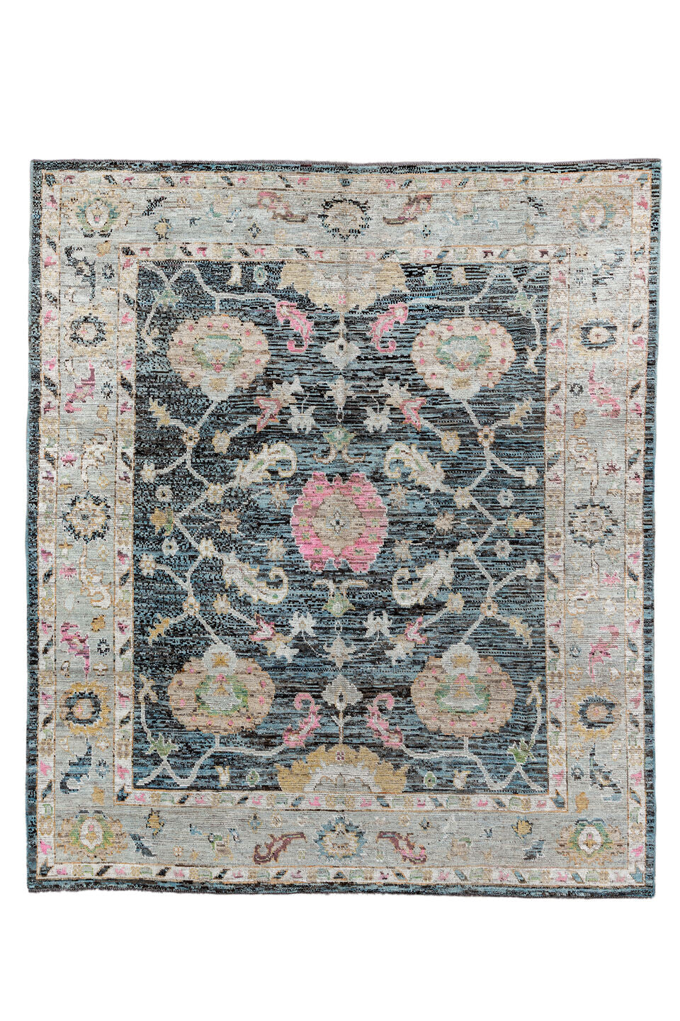 8' x 9' one-of-a-kind handmade vintage Oushak rug. Color palette: black, blue, charcoal, dark gray, gainsboro, gray