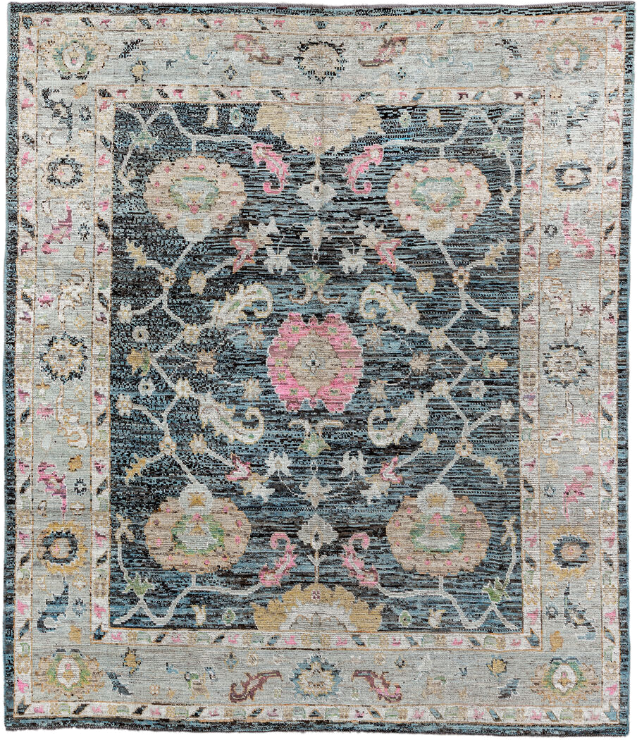 8' x 9' one-of-a-kind handmade vintage Oushak rug. Color palette: charcoal, ivory, beige, pink, aqua, gold, taupe, gray