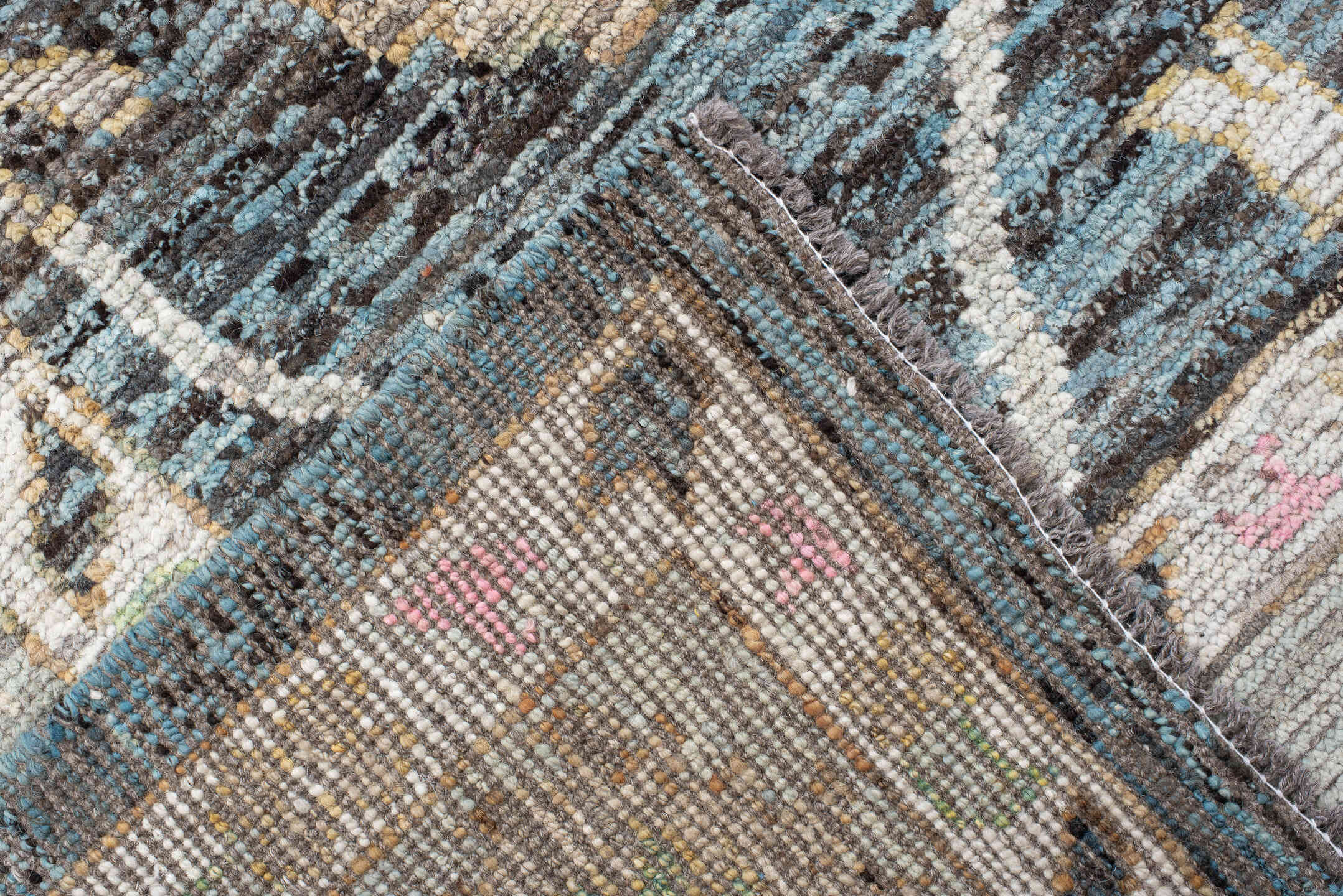 8' x 9' one-of-a-kind handmade vintage Oushak rug. Color palette: charcoal, ivory, beige, pink, aqua, gold, taupe, gray