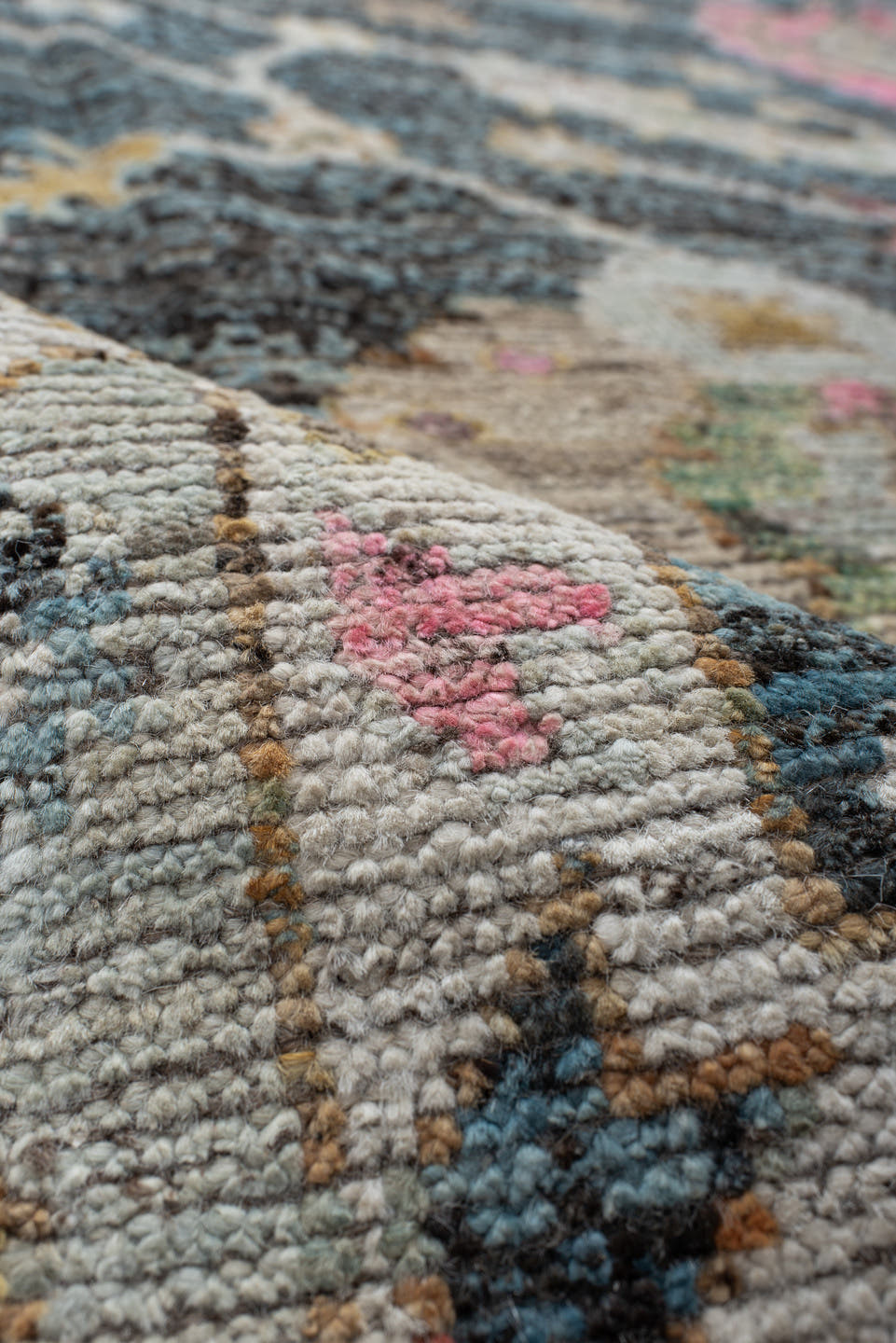 8' x 9' one-of-a-kind handmade vintage Oushak rug. Color palette: charcoal, ivory, beige, pink, aqua, gold, taupe, gray