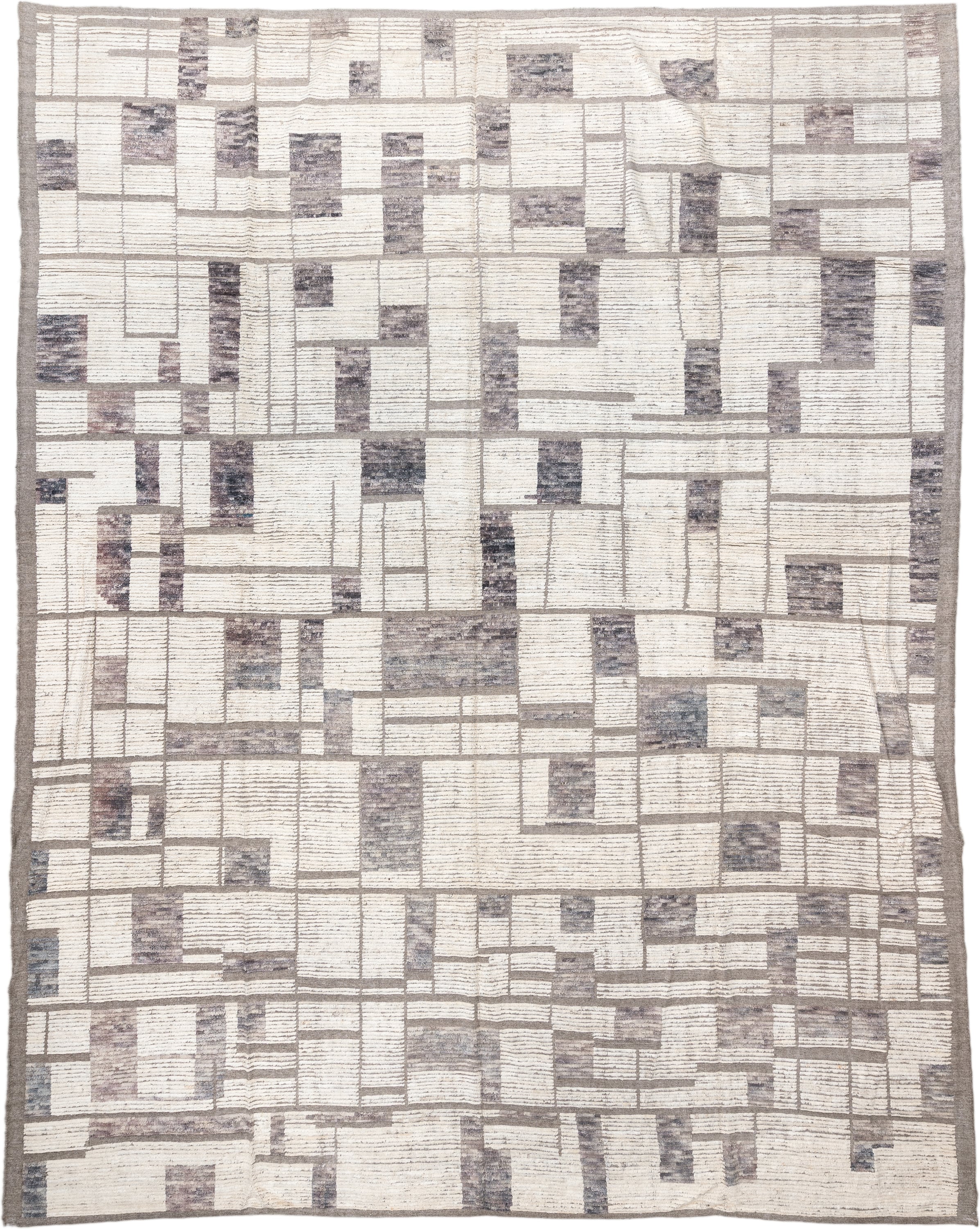 12' x 15' one-of-a-kind handmade vintage Tulu oversize rug. Color palette: ivory, taupe, gray, greige, charcoal, beige
