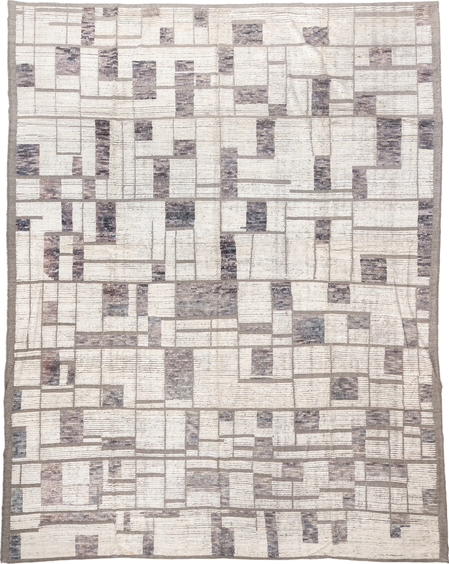 12' x 15' one-of-a-kind handmade vintage Tulu oversize rug. Color palette: ivory, taupe, gray, greige, charcoal, beige