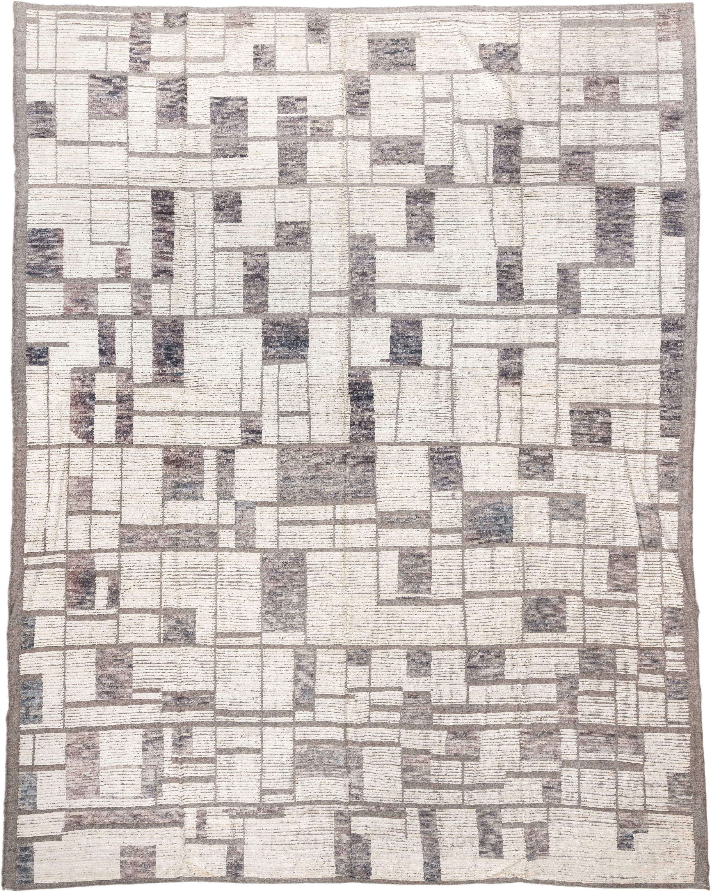 12' x 15' one-of-a-kind handmade vintage Tulu oversize rug. Color palette: ivory, taupe, gray, greige, charcoal, beige