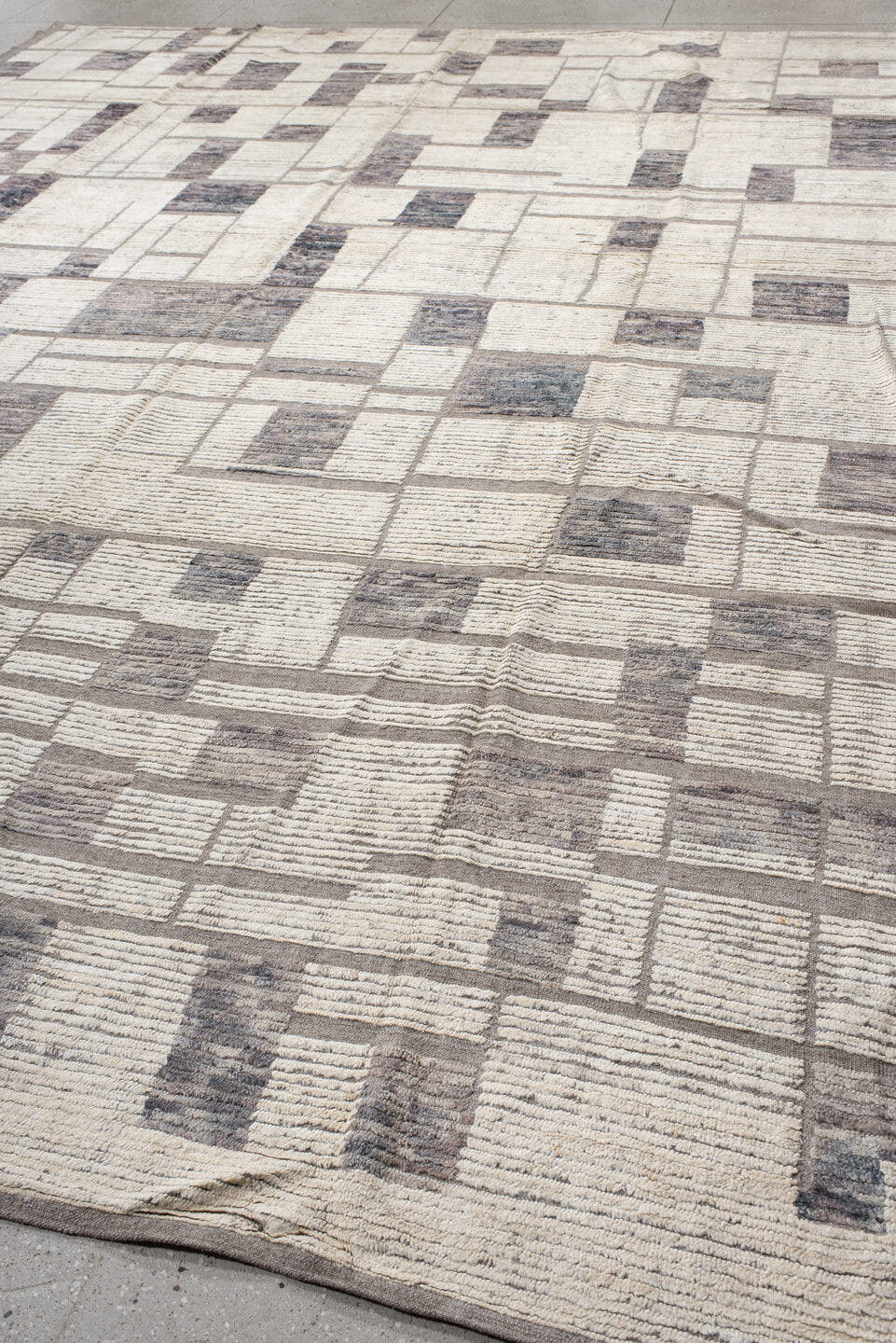 12' x 15' one-of-a-kind handmade vintage Tulu oversize rug. Color palette: ivory, taupe, gray, greige, charcoal, beige