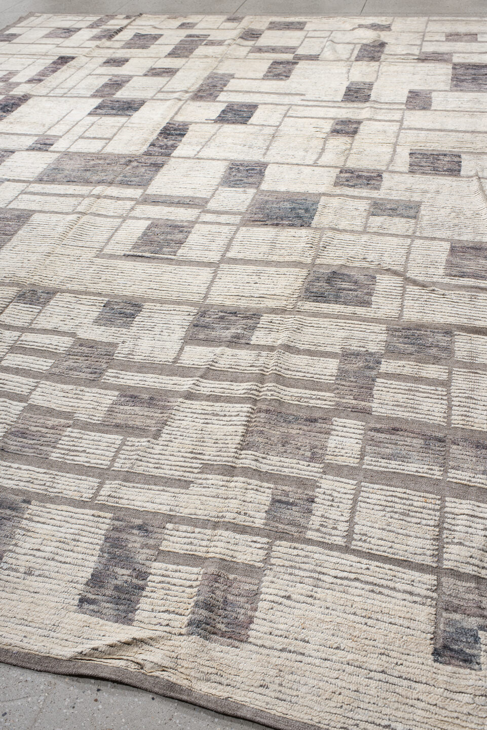 12' x 15' one-of-a-kind handmade vintage Tulu oversize rug. Color palette: ivory, taupe, gray, greige, charcoal, beige
