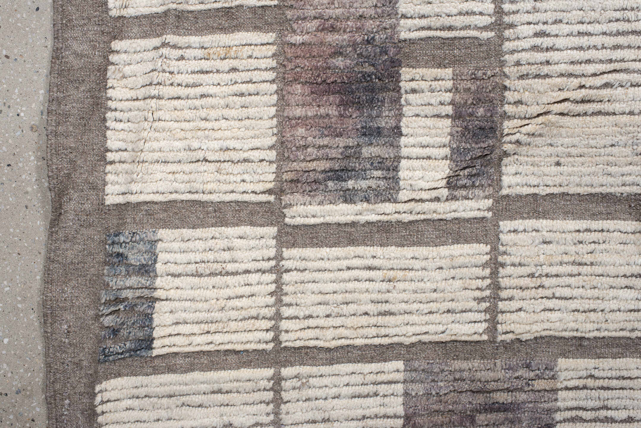 12' x 15' one-of-a-kind handmade vintage Tulu oversize rug. Color palette: ivory, taupe, gray, greige, charcoal, beige