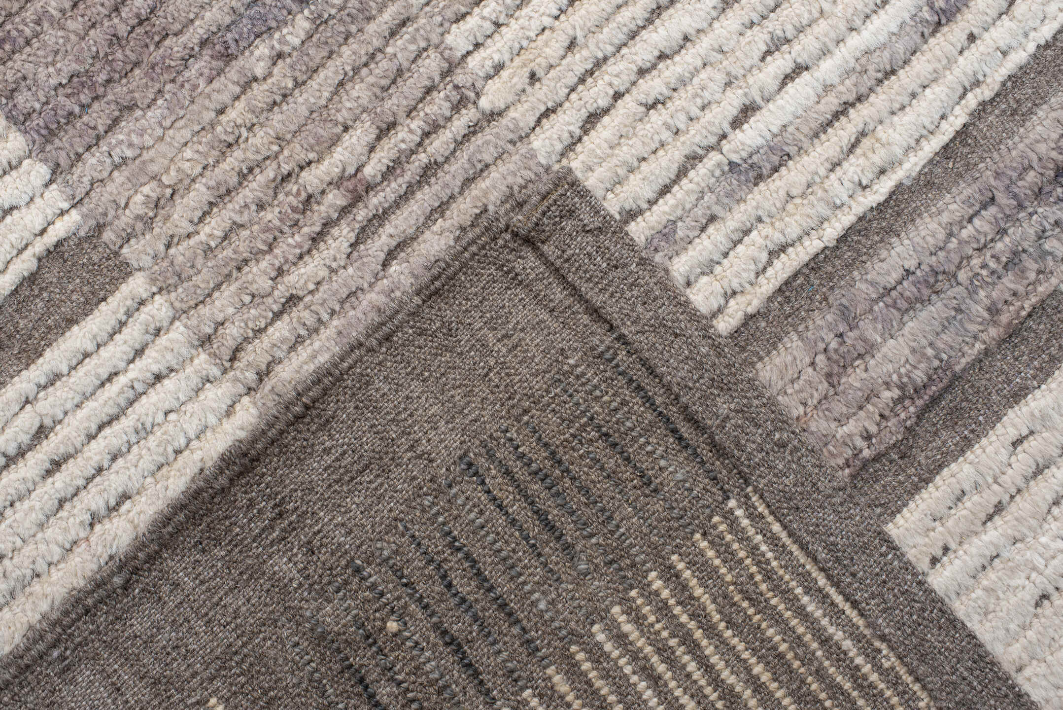 12' x 15' one-of-a-kind handmade vintage Tulu oversize rug. Color palette: ivory, taupe, gray, greige, charcoal, beige