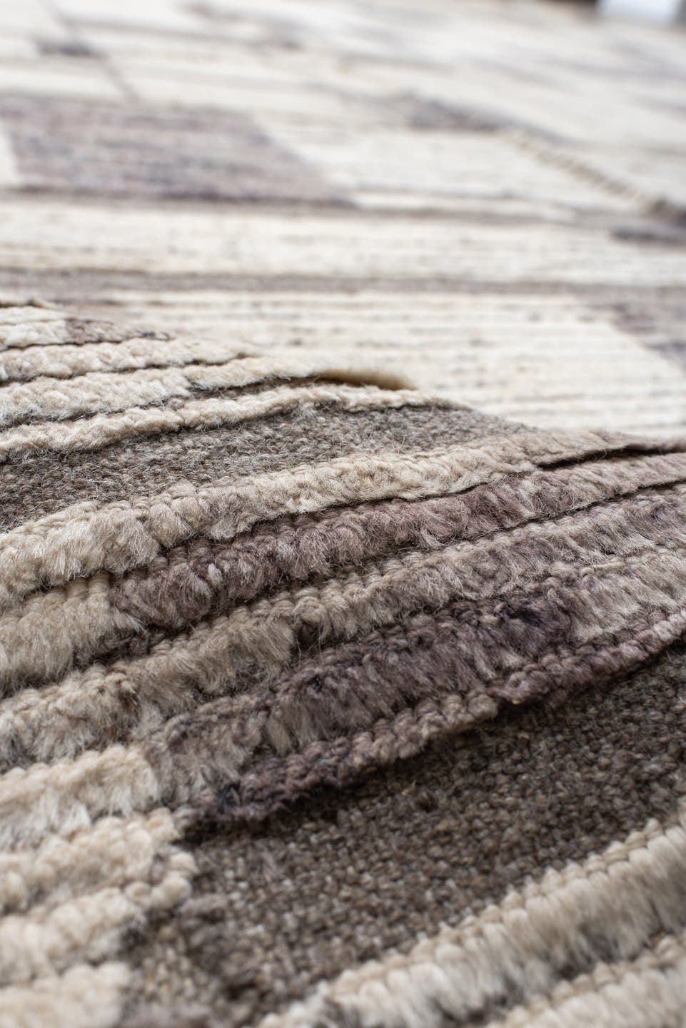 12' x 15' one-of-a-kind handmade vintage Tulu oversize rug. Color palette: ivory, taupe, gray, greige, charcoal, beige