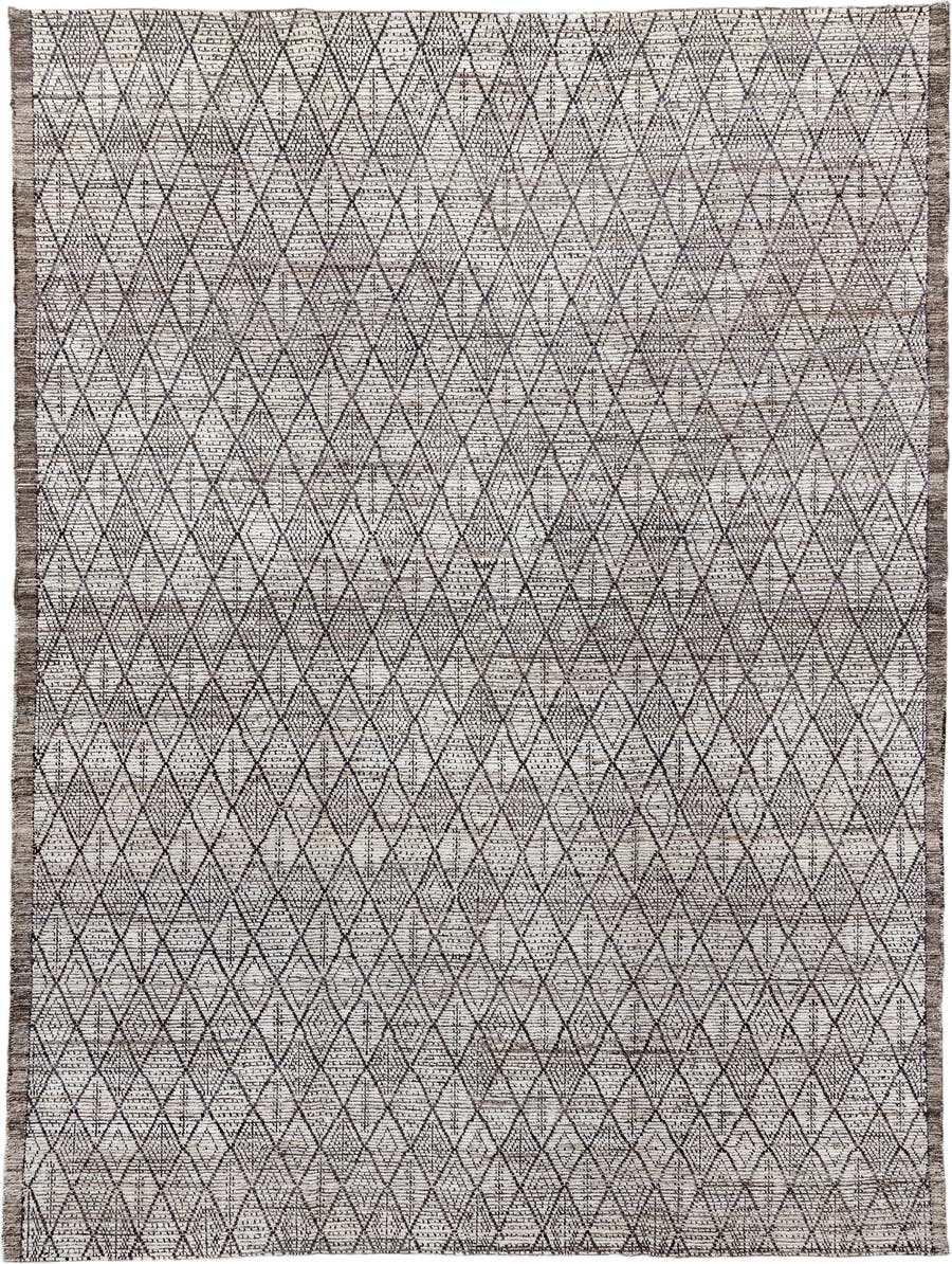 10' x 13' one-of-a-kind handmade vintage Tulu large size rug. Color palette: ivory, charcoal, taupe, brown, gray, black