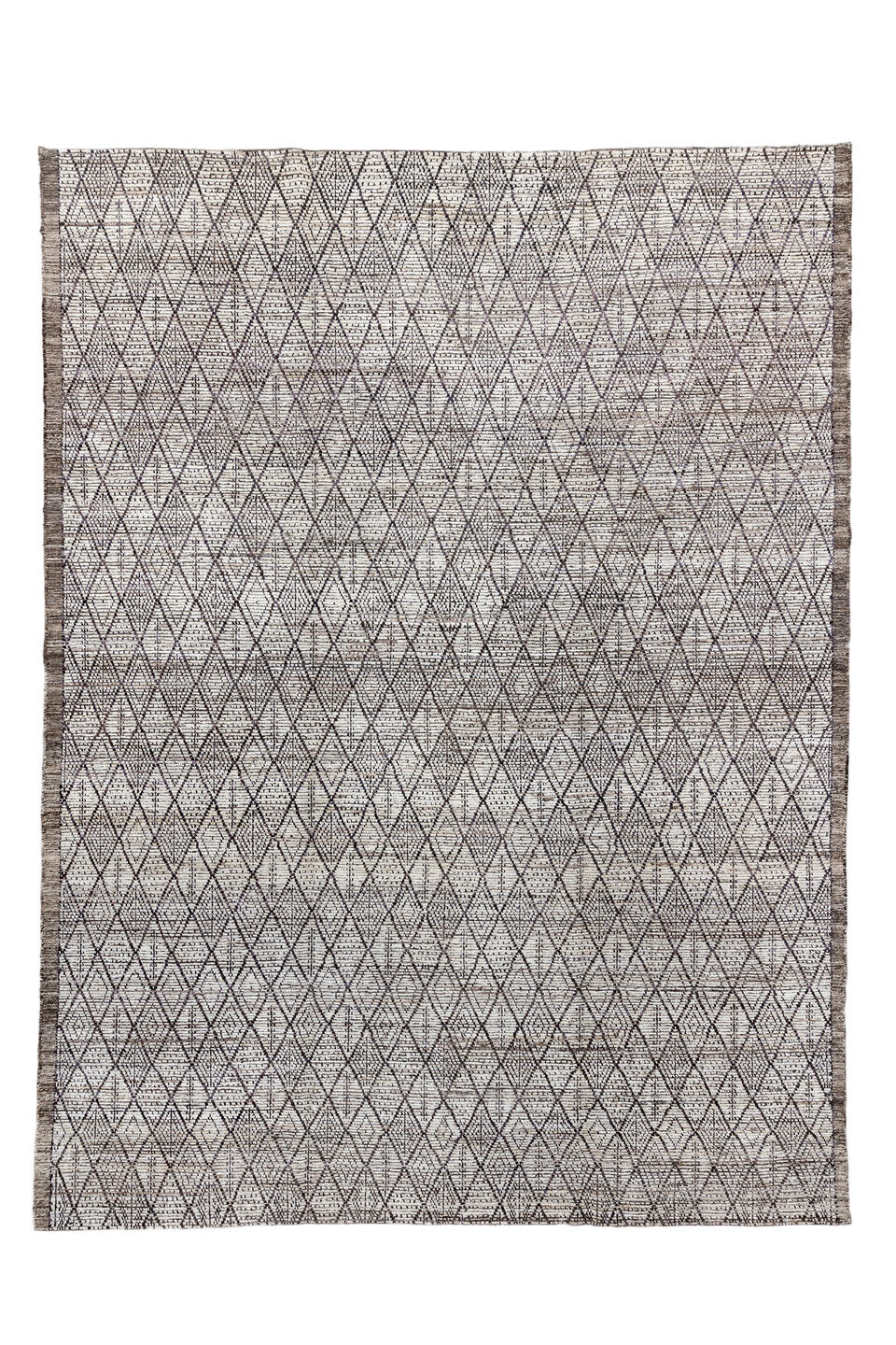 10' x 13' one-of-a-kind handmade vintage Tulu large size rug. Color palette: off-white, gray, light gray, blue, black, linen