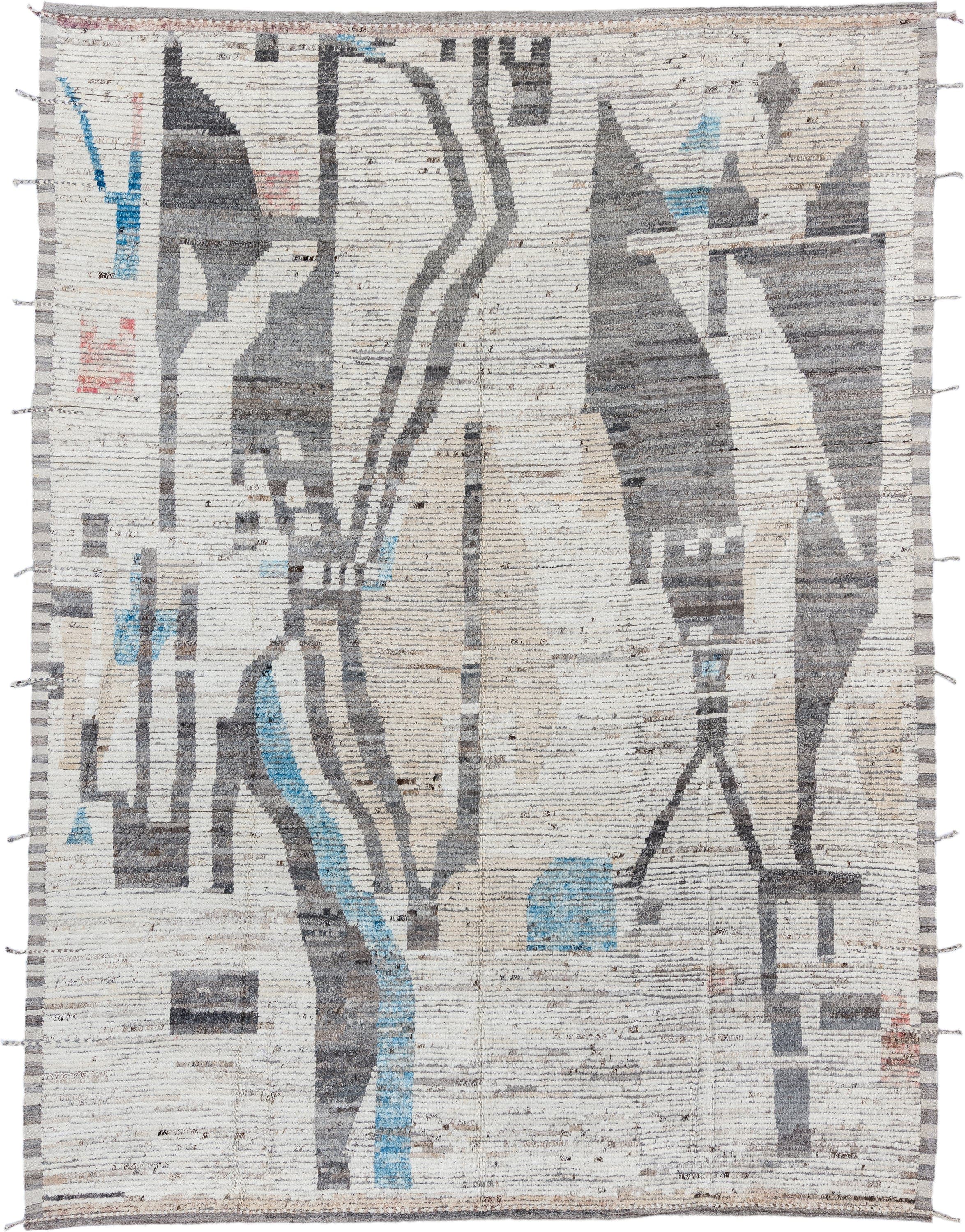 10' x 13' one-of-a-kind handmade vintage Tulu large size rug. Color palette: ivory, charcoal, gray, sky_blue, taupe