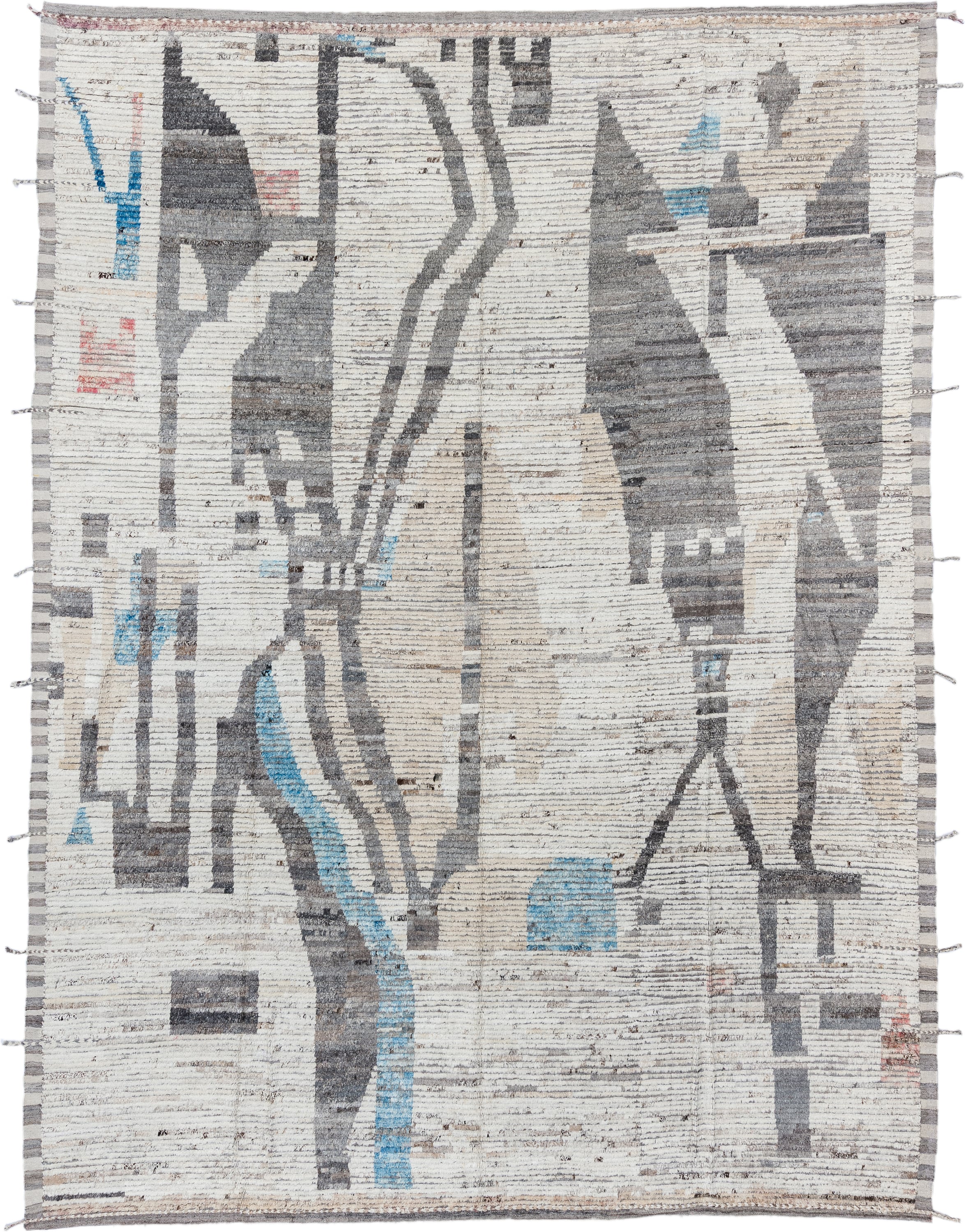 10' x 13' one-of-a-kind handmade vintage Tulu large size rug. Color palette: ivory, charcoal, gray, sky_blue, taupe