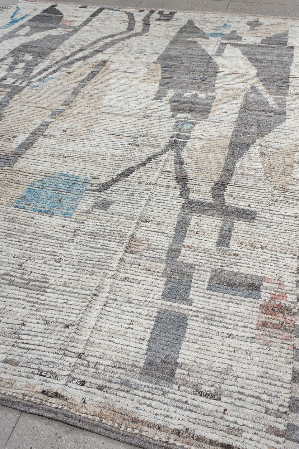 10' x 13' one-of-a-kind handmade vintage Tulu large size rug. Color palette: ivory, charcoal, gray, sky_blue, taupe