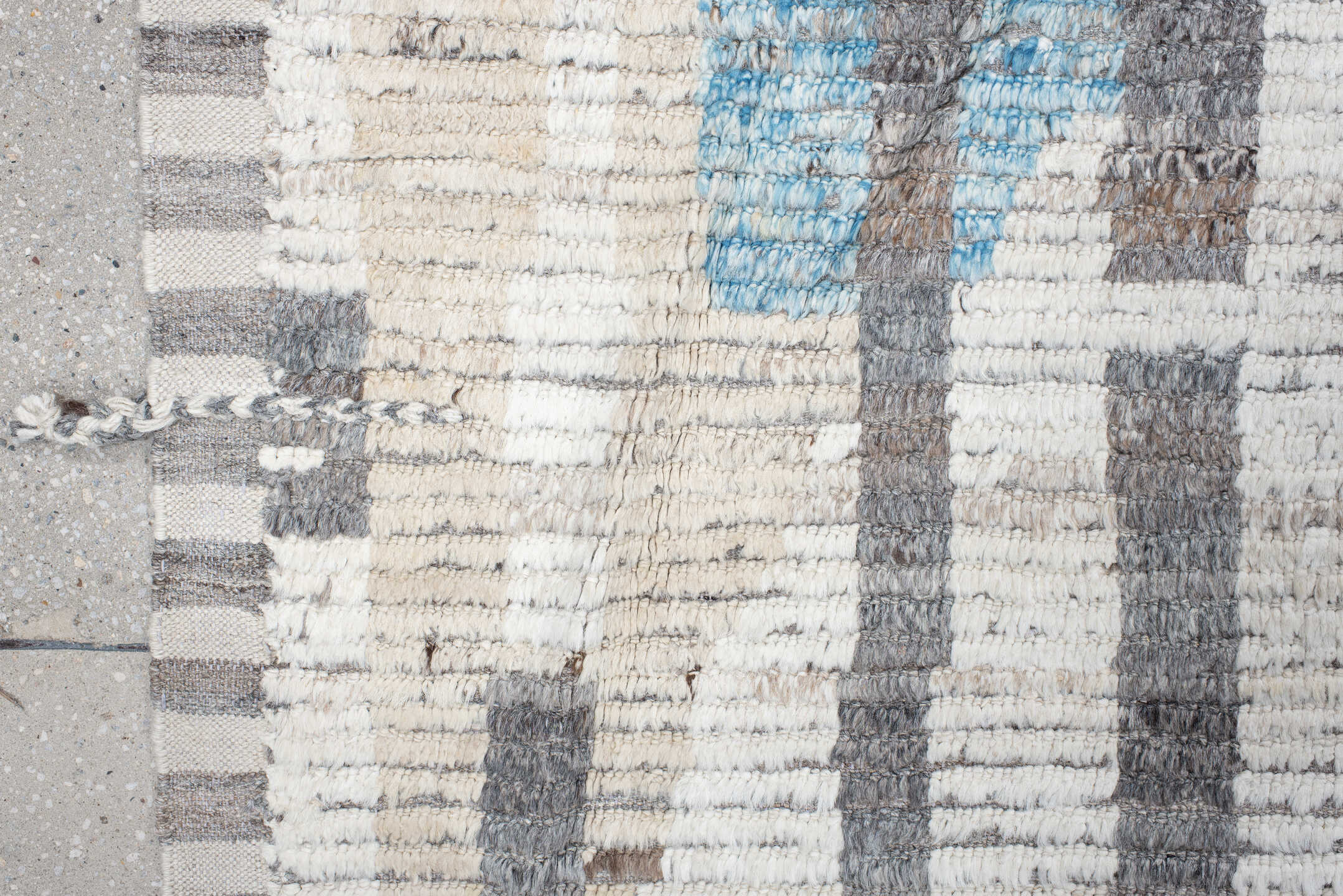 10' x 13' one-of-a-kind handmade vintage Tulu large size rug. Color palette: ivory, charcoal, gray, sky_blue, taupe
