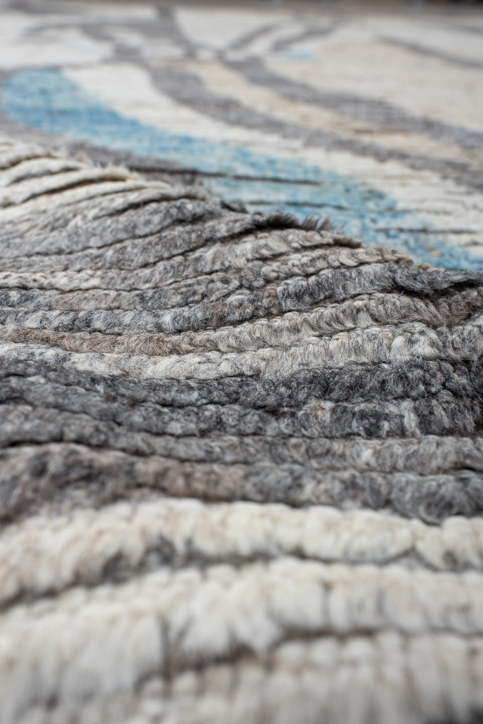 10' x 13' one-of-a-kind handmade vintage Tulu large size rug. Color palette: ivory, charcoal, gray, sky_blue, taupe