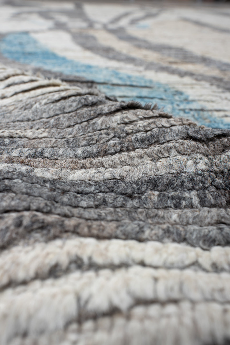 10' x 13' one-of-a-kind handmade vintage Tulu large size rug. Color palette: ivory, charcoal, gray, sky_blue, taupe