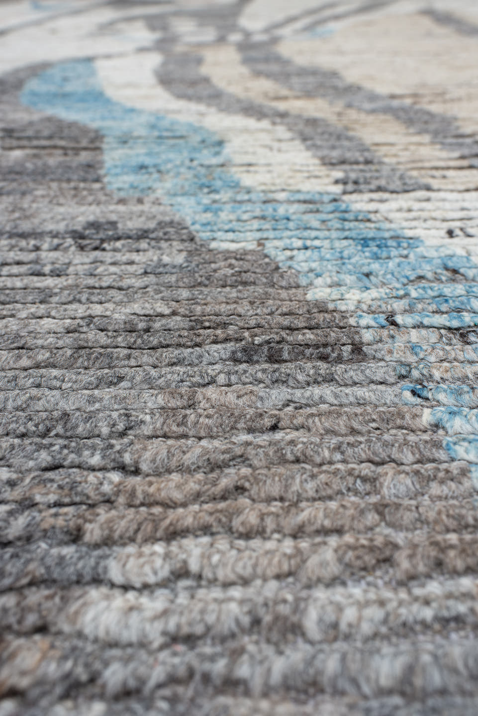 10' x 13' one-of-a-kind handmade vintage Tulu large size rug. Color palette: ivory, charcoal, gray, sky_blue, taupe