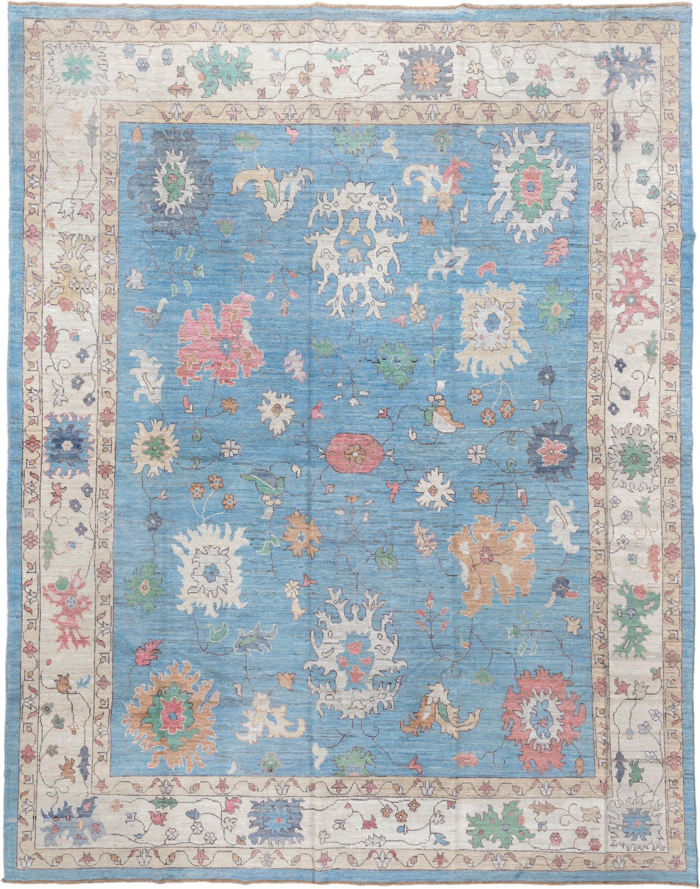 12' x 15' one-of-a-kind handmade vintage Oushak oversize rug. Color palette: sky blue, ivory, blush, sage, muted gold, taupe