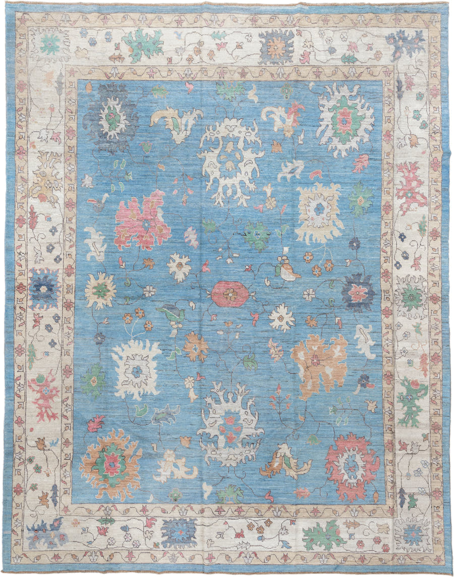 12' x 15' one-of-a-kind handmade vintage Oushak oversize rug. Color palette: sky blue, ivory, blush, sage, muted gold, taupe