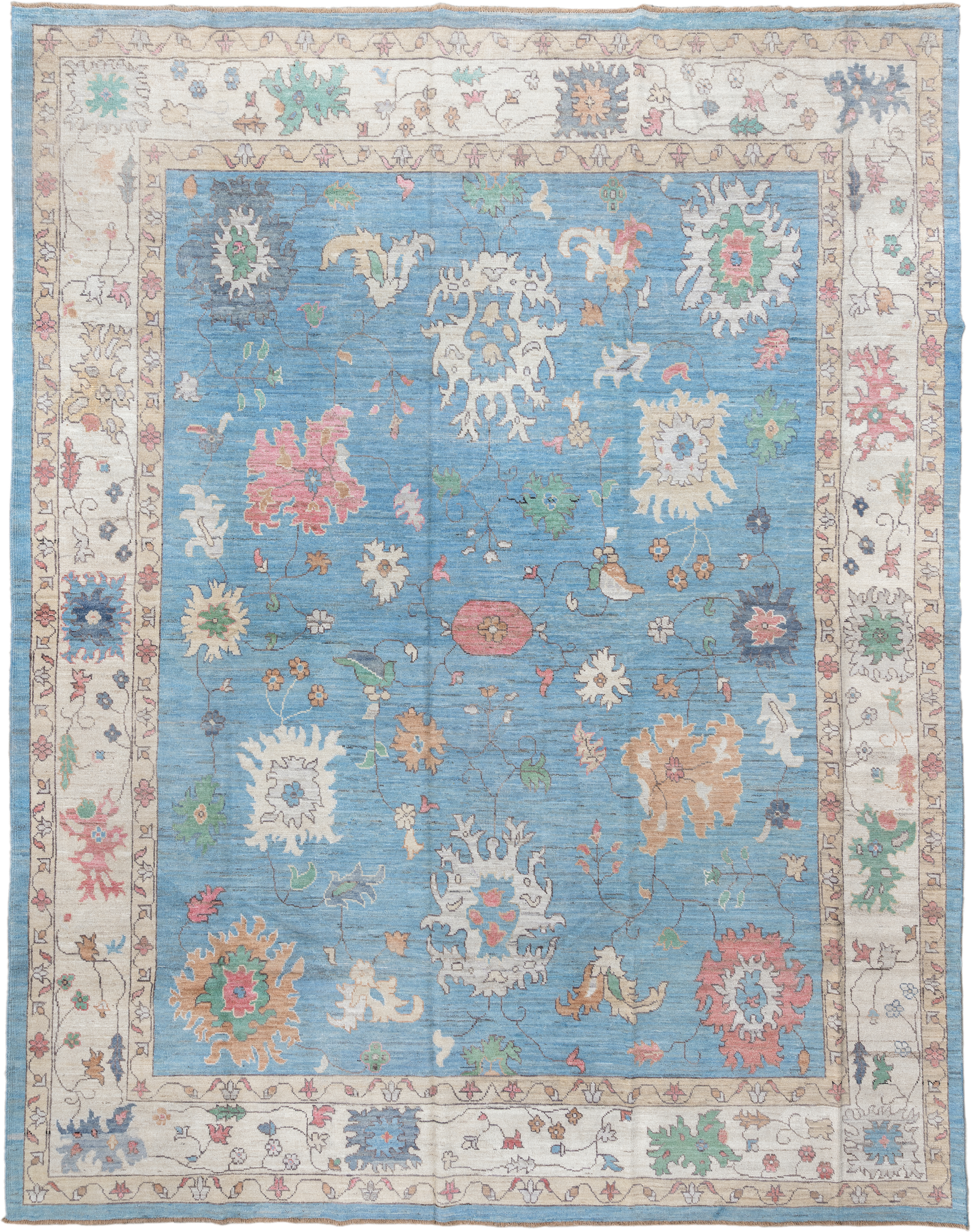 12' x 15' one-of-a-kind handmade vintage Oushak oversize rug. Color palette: sky blue, ivory, blush, sage, muted gold, taupe