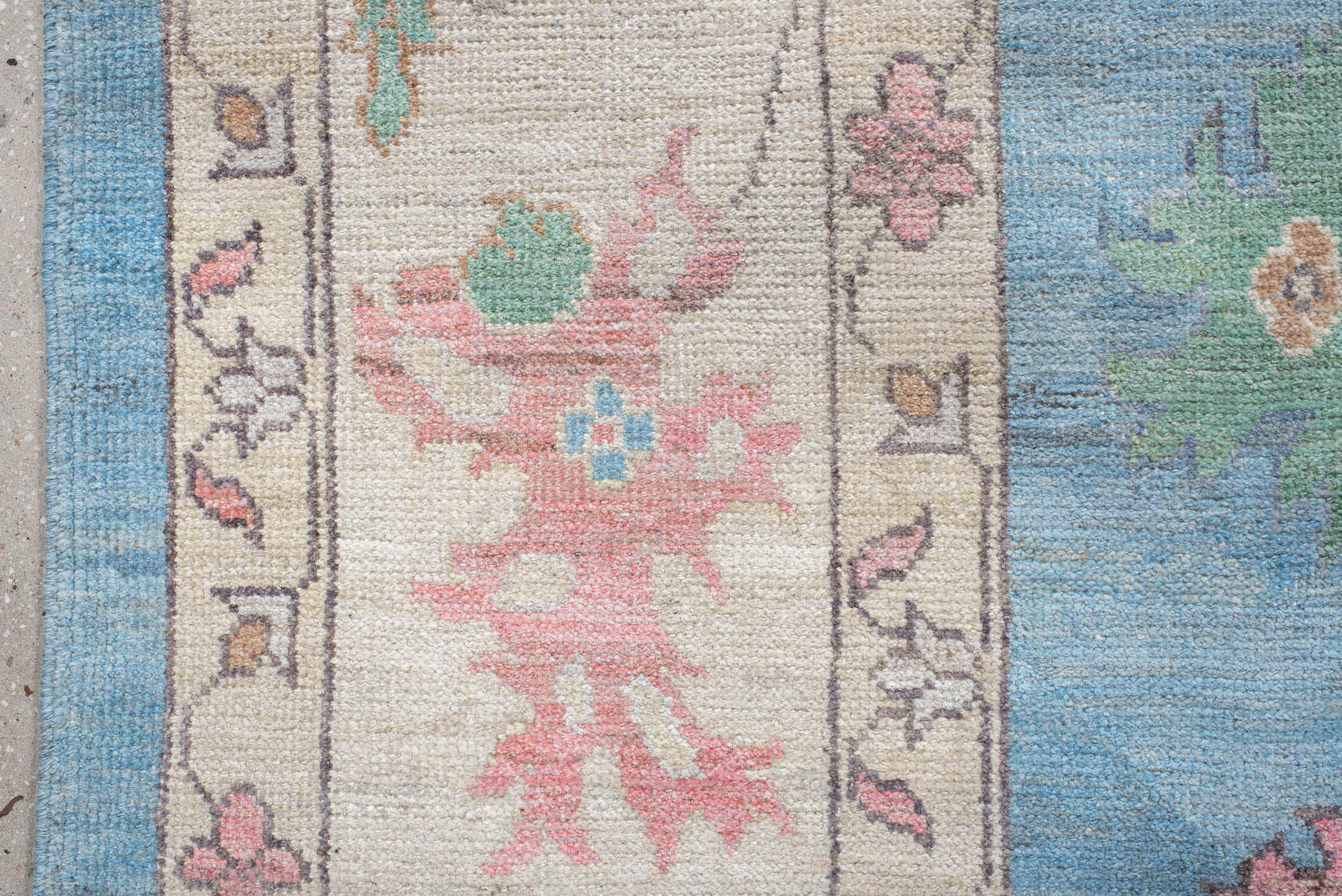 12' x 15' one-of-a-kind handmade vintage Oushak oversize rug. Color palette: sky blue, ivory, blush, sage, muted gold, taupe