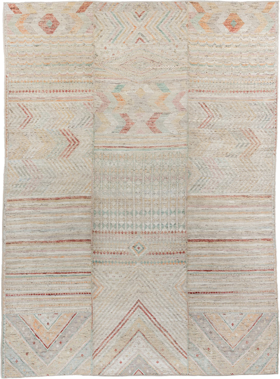 10' x 13' one-of-a-kind handmade vintage Tulu large size rug. Color palette: ivory, cream, blush, pale aqua, terra cotta