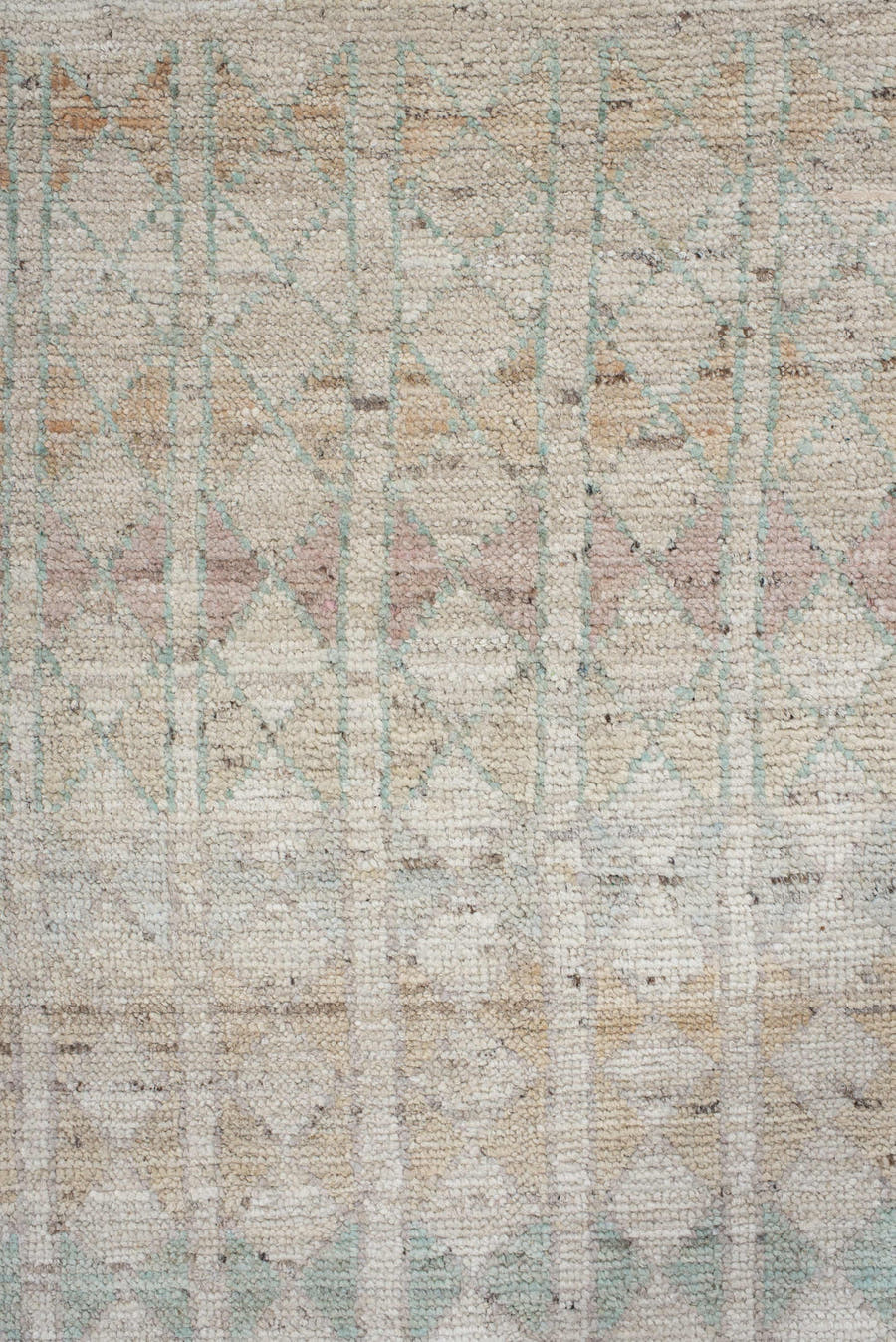 10' x 13' one-of-a-kind handmade vintage Tulu large size rug. Color palette: ivory, cream, blush, pale aqua, terra cotta