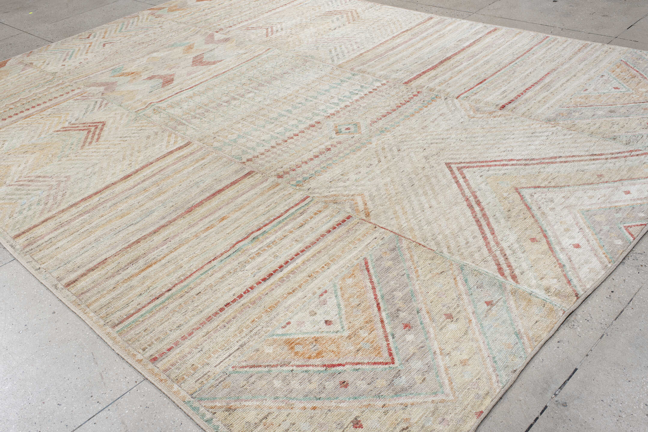 10' x 13' one-of-a-kind handmade vintage Tulu large size rug. Color palette: ivory, cream, blush, pale aqua, terra cotta