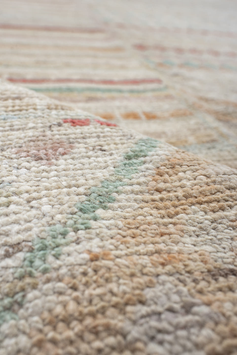 10' x 13' one-of-a-kind handmade vintage Tulu large size rug. Color palette: ivory, cream, blush, pale aqua, terra cotta