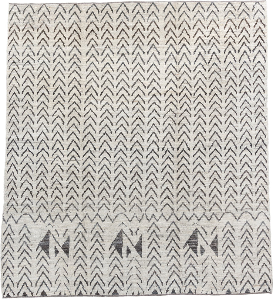8' x 9' one-of-a-kind handmade vintage Tulu rug. Color palette: ivory, charcoal, taupe, gray, black, beige
