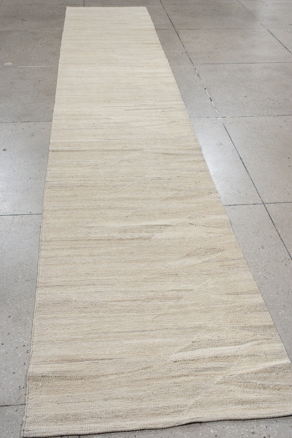 3' x 15' one-of-a-kind handmade vintage Kilim runner rug. Color palette: ivory, cream, beige, taupe, gray