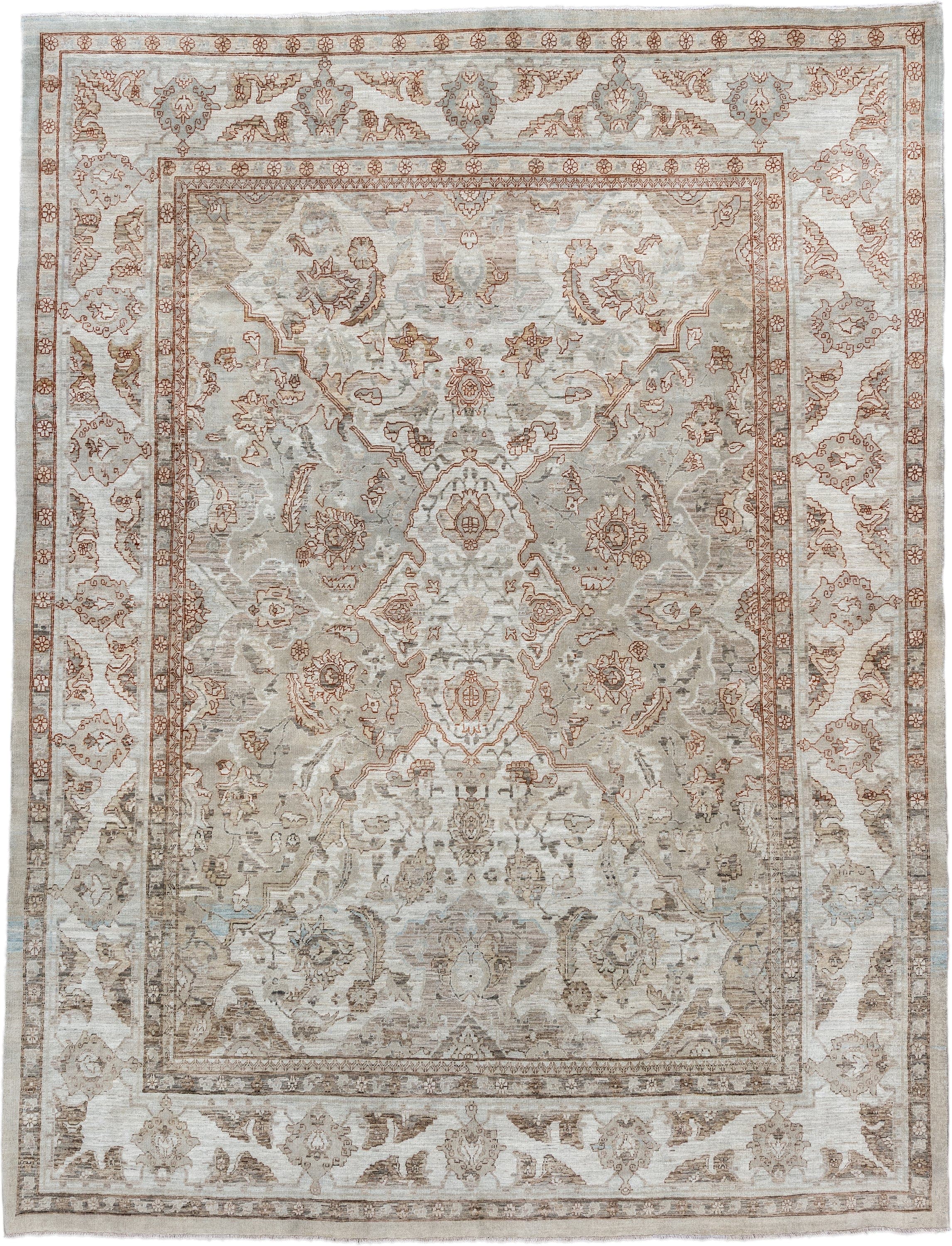 8' x 10' one-of-a-kind handmade vintage Oushak large size rug. Color palette: ivory, taupe, beige, pale blue, rust, camel