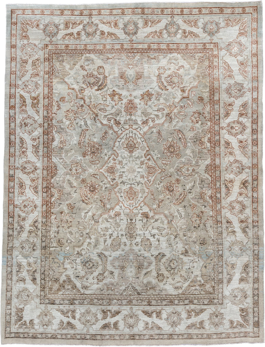 8' x 10' one-of-a-kind handmade vintage Oushak large size rug. Color palette: ivory, taupe, beige, pale blue, rust, camel