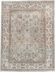 8' x 10' one-of-a-kind handmade vintage Oushak large size rug. Color palette: ivory, taupe, beige, pale blue, rust, camel