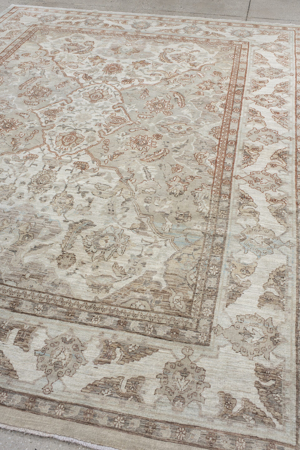 8' x 10' one-of-a-kind handmade vintage Oushak large size rug. Color palette: ivory, taupe, beige, pale blue, rust, camel