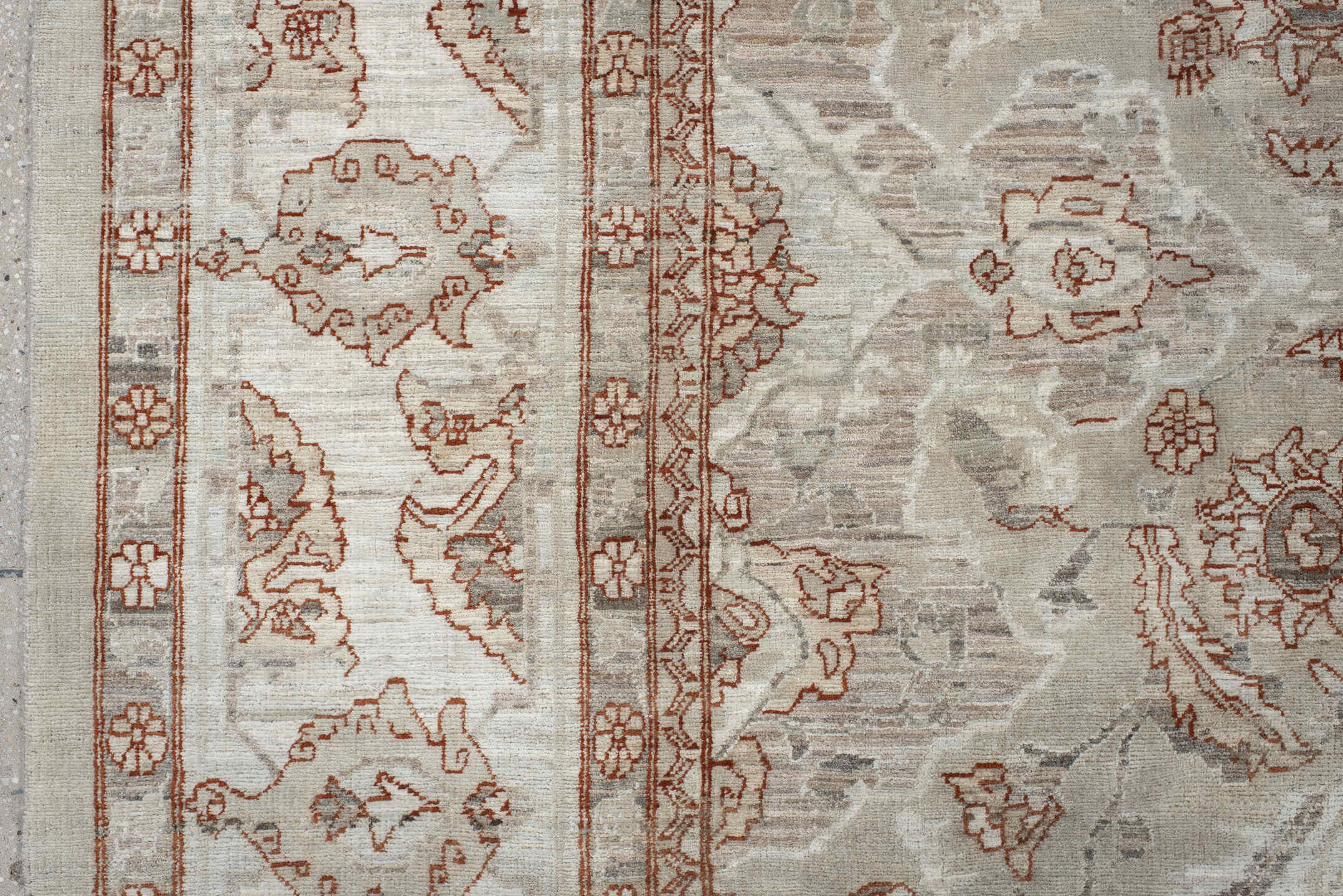 8' x 10' one-of-a-kind handmade vintage Oushak large size rug. Color palette: ivory, taupe, beige, pale blue, rust, camel