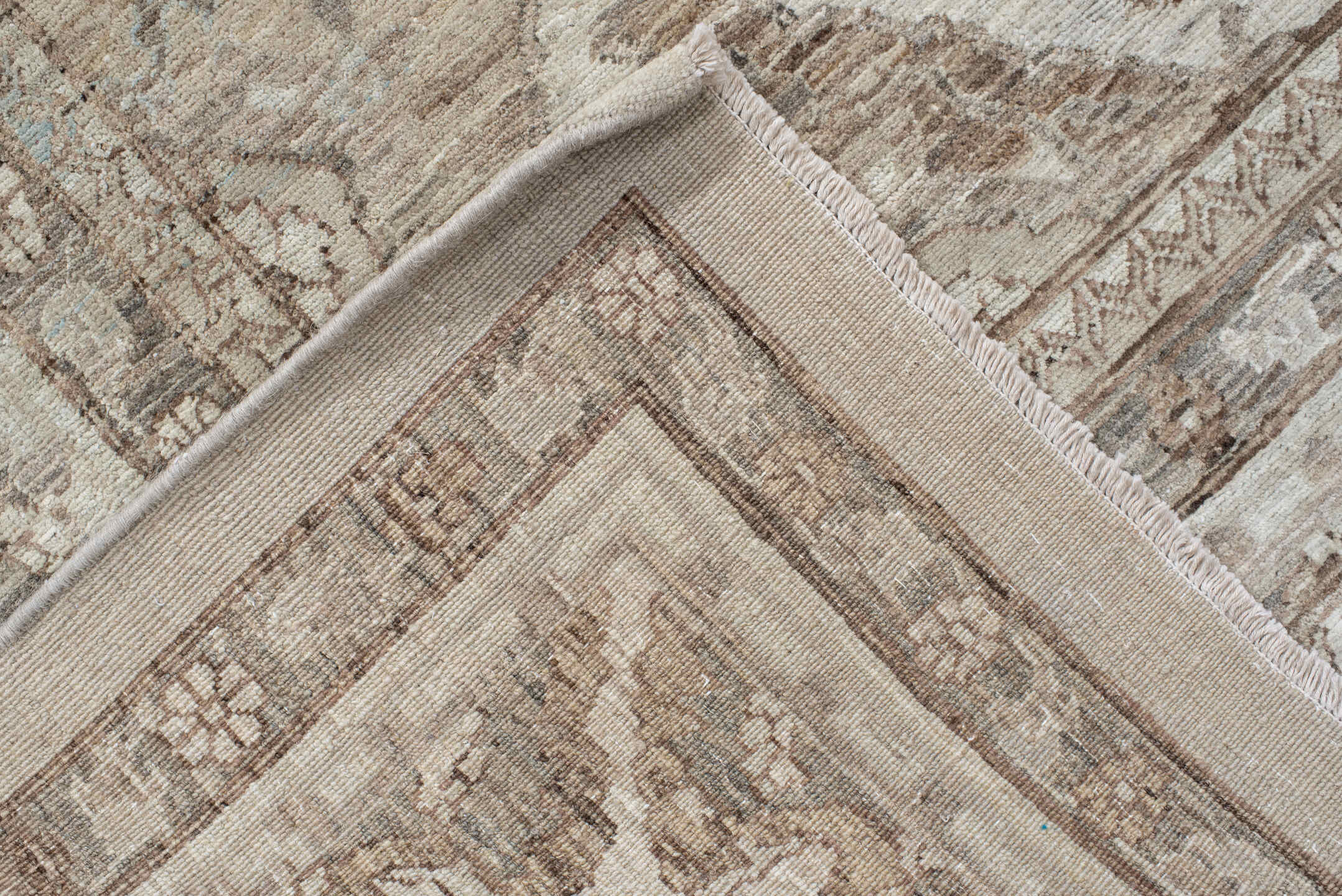 8' x 10' one-of-a-kind handmade vintage Oushak large size rug. Color palette: ivory, taupe, beige, pale blue, rust, camel