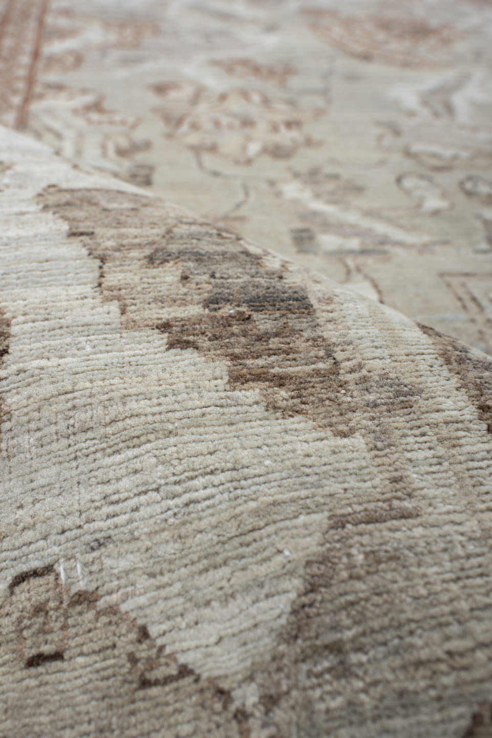 8' x 10' one-of-a-kind handmade vintage Oushak large size rug. Color palette: ivory, taupe, beige, pale blue, rust, camel